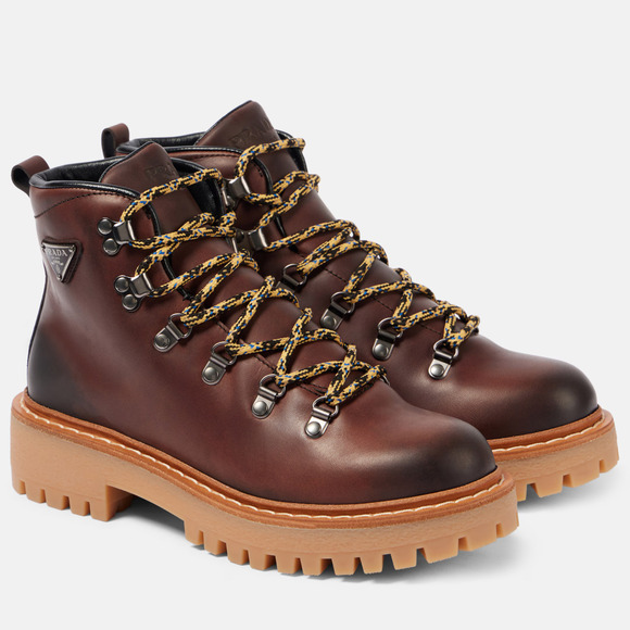 PRADA St. Moritz Leather Lace-Up Combat Hiking Boots Cognac size EU 41 US 11 - Picture 1 of 11